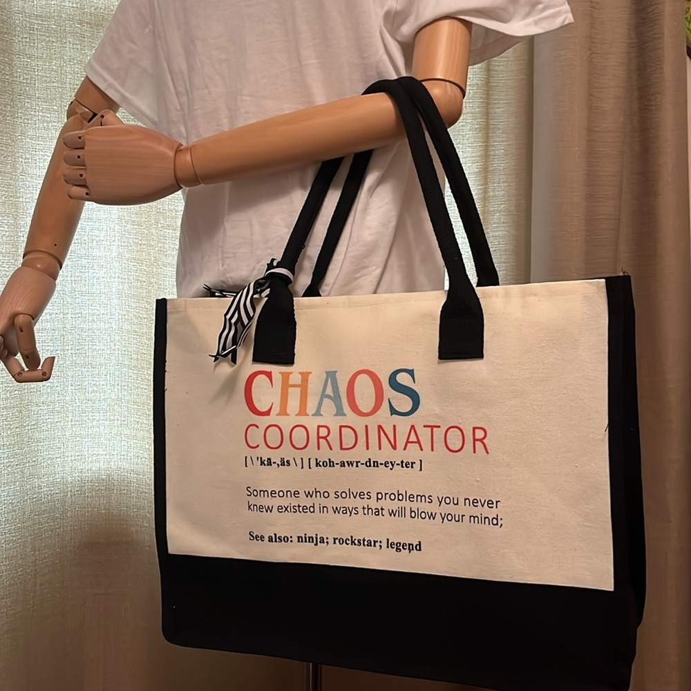 Chaos Coordinator Zippered Handled Tote Messenger Canvas Bag Black Cream